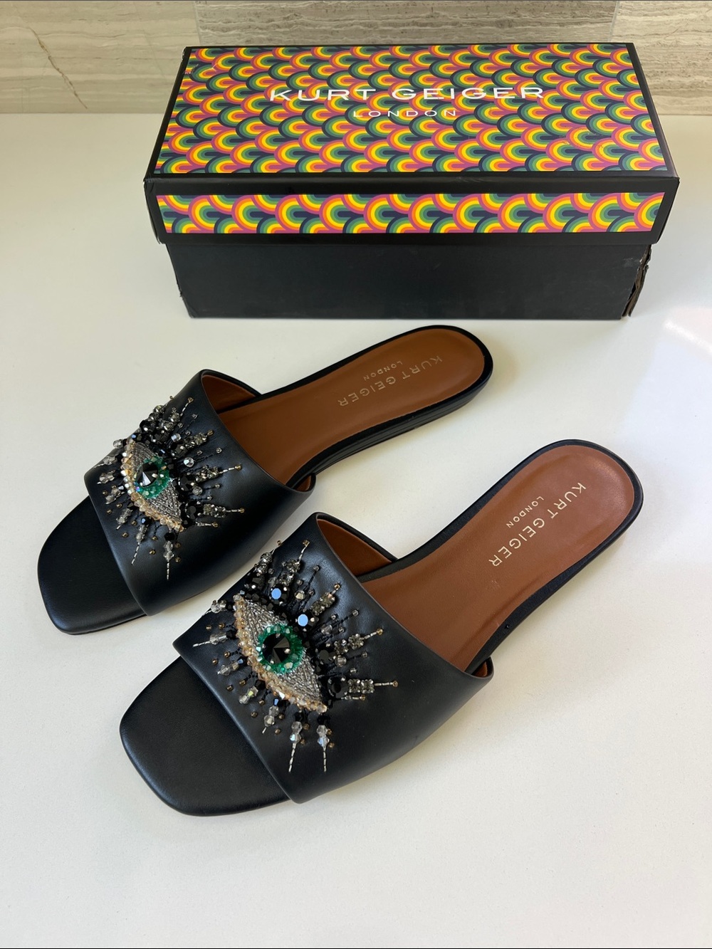 Kurt Geiger eye flat open toe beaded black leather sandals slides 11